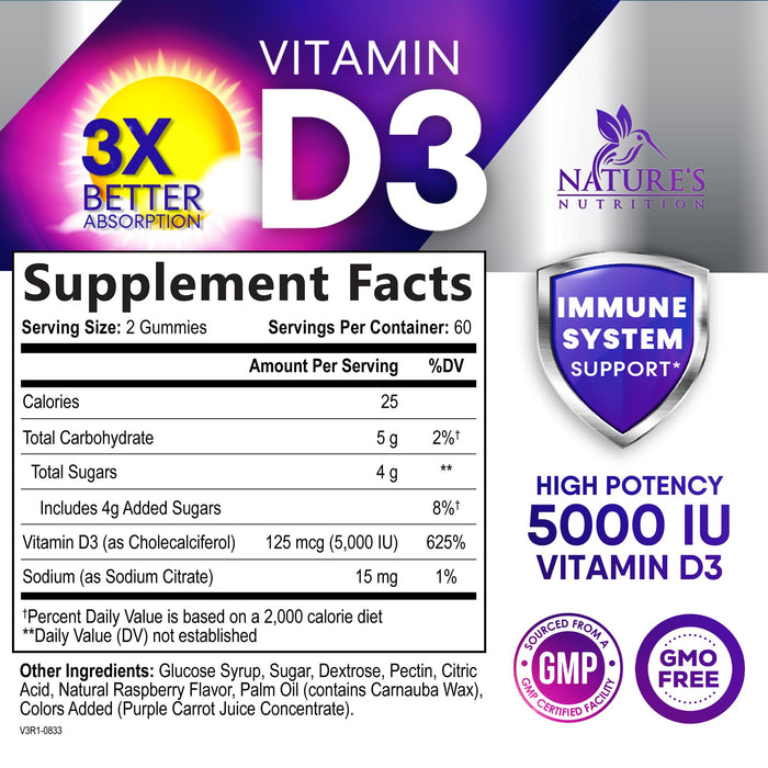 Vitamin D3 Gummy Vitamins Extra Strength 5000 IU (125 mcg) High Potency Vita D Gummies Dietary Supplement - Bone, Teeth, Muscle & Immune Support, Nature's Vitamin D Supplement, Non-GMO