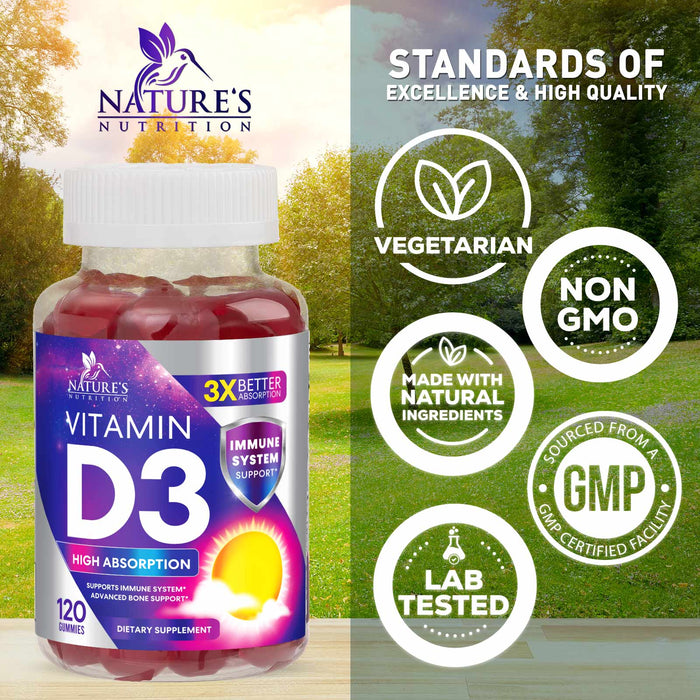 Vitamin D3 Gummy Vitamins Extra Strength 5000 IU (125 mcg) High Potency Vita D Gummies Dietary Supplement - Bone, Teeth, Muscle & Immune Support, Nature's Vitamin D Supplement, Non-GMO