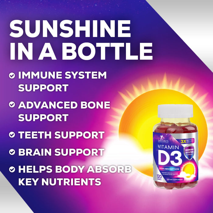 Vitamin D3 Gummy Vitamins Extra Strength 5000 IU (125 mcg) High Potency Vita D Gummies Dietary Supplement - Bone, Teeth, Muscle & Immune Support, Nature's Vitamin D Supplement, Non-GMO