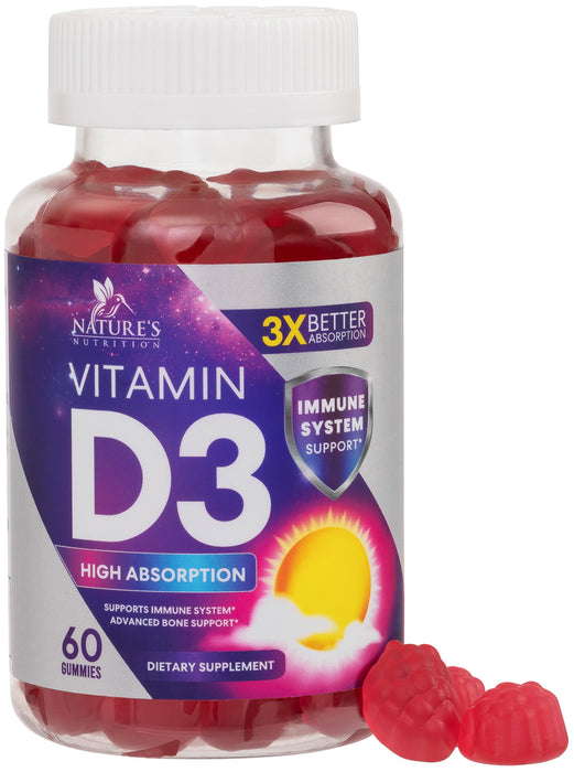 Vitamin D3 Gummy Vitamins Extra Strength 5000 IU (125 mcg) High Potency Vita D Gummies Dietary Supplement - Bone, Teeth, Muscle & Immune Support, Nature's Vitamin D Supplement, Non-GMO