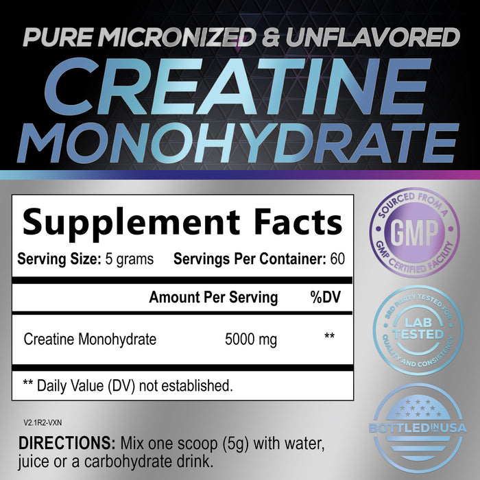 Pure Creatine 5000mg (5g) - Micronized Creatine Monohydrate Powder Unflavored, Keto Friendly - Creatine Pre Workout, Supports Muscle Building & Strength, Vegan, Keto, Gluten-Free - 60 Servings