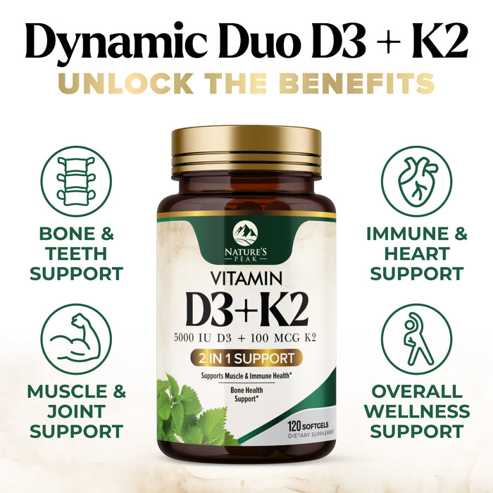 D3 K2 Vitamin 5000 IU | 2-in-1 Vitamin D 5000iu & Mk7 Vitamin K 100 mcg Dietary Supplement for Bone & Immune Support, Bottled in USA, Easy to Swallow, Gluten Free, Non-GMO