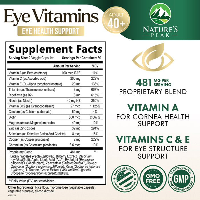 Eye Vitamins & Mineral Supplement - Contains Zinc, Copper, Lutein, & Zeaxanthin, Supports Dry Eye Strain, Vision Health for Adults, Non-GMO, Vegan Eye Care Pills & Minerals Supplements - 60 Capsules