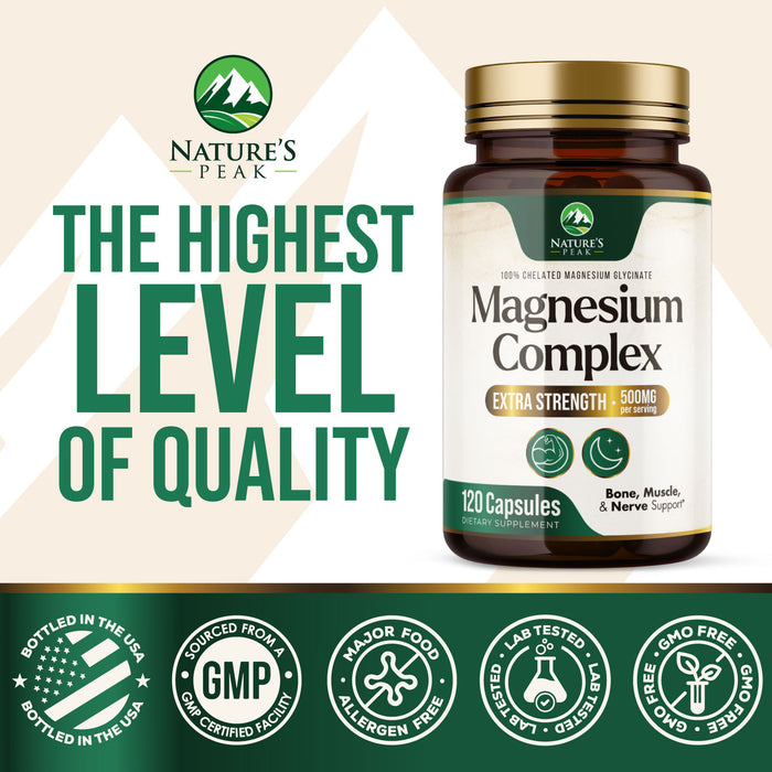 Magnesium Complex 500mg Supplement - Best Blend of Glycinate, Citrate, Malate & Oxide, Supports Sleep, Muscle, Bone & Heart Health, High Absorption, Chelated Magnesium Mineral Supplement, 120 Capsules