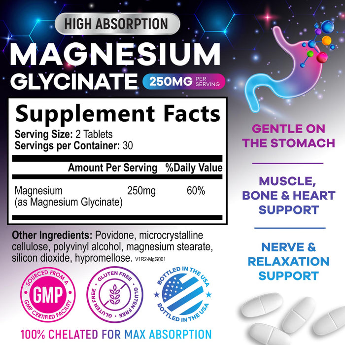 Magnesium Glycinate 250mg - 100% Chelated for Max Absorption, Magnesium Capsules for Bone, Muscle & Heart Health Support