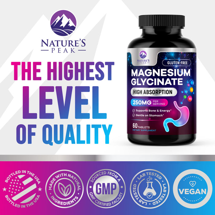 Magnesium Glycinate 250mg - 100% Chelated for Max Absorption, Magnesium Capsules for Bone, Muscle & Heart Health Support