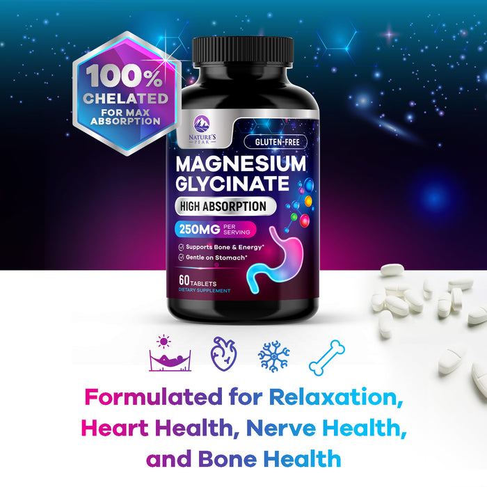 Magnesium Glycinate 250mg - 100% Chelated for Max Absorption, Magnesium Capsules for Bone, Muscle & Heart Health Support