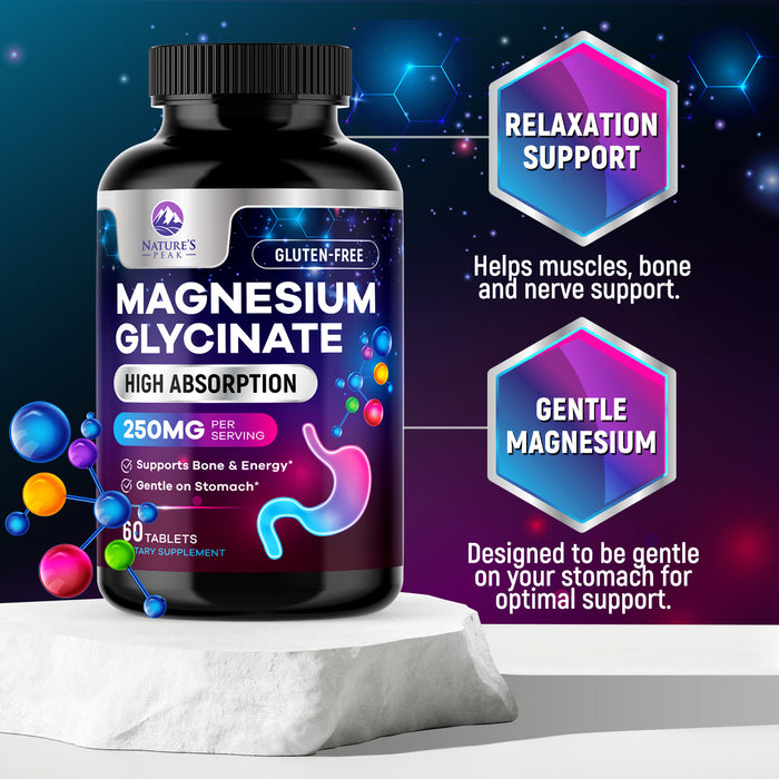 Magnesium Glycinate 250mg - 100% Chelated for Max Absorption, Magnesium Capsules for Bone, Muscle & Heart Health Support
