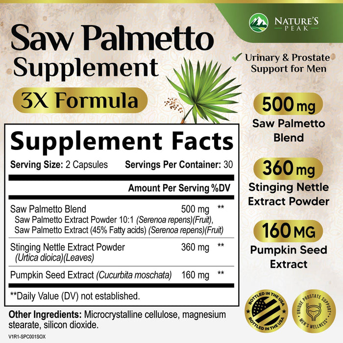 Saw Palmetto for Men Prostate Supplement - Potent 3X Formula with Stinging Nettle + Pumpkin Seed Extract for Men's Health, Herbal Prostate Supplement for Urinary Support, Bottled in USA
