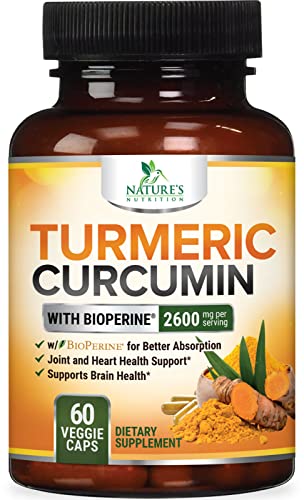 Turmeric Curcumin Supplement with BioPerine 95% Standardized Curcuminoids 2600mg - Black Pepper for Max Absorption, Vegan Joint Support, Nature's Tumeric Herbal Extract Vegan Non-GMO