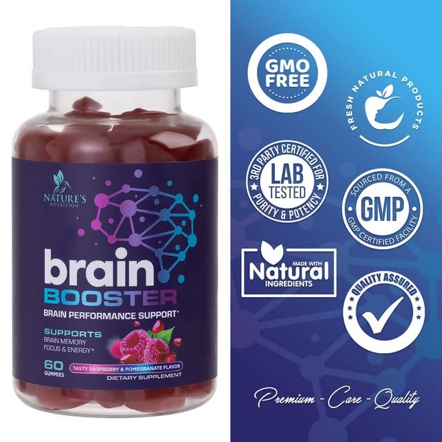 Nature's Nutrition Brain Supplement Gummy for Memory, Focus & Concentration Support Gummies Plus Nootropics, Phosphatidylserine & Vitamins B6 & B12 - Caffeine Free Nootropic Brain Health - 60 Gummies