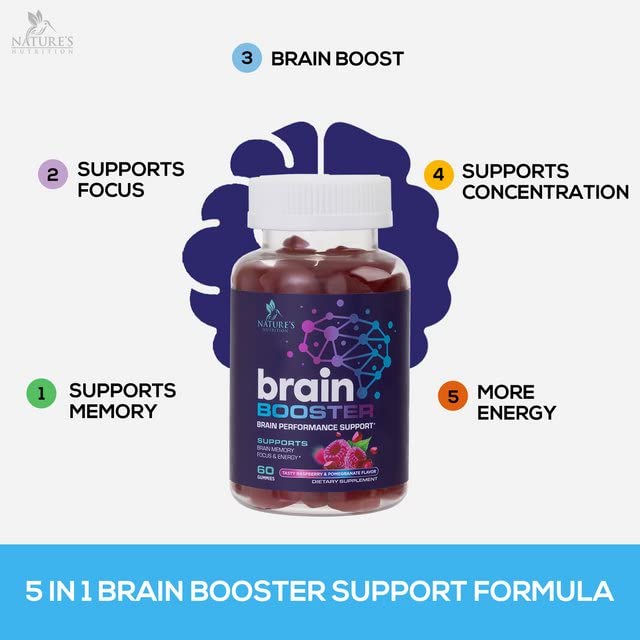 Nature's Nutrition Brain Supplement Gummy for Memory, Focus & Concentration Support Gummies Plus Nootropics, Phosphatidylserine & Vitamins B6 & B12 - Caffeine Free Nootropic Brain Health - 60 Gummies