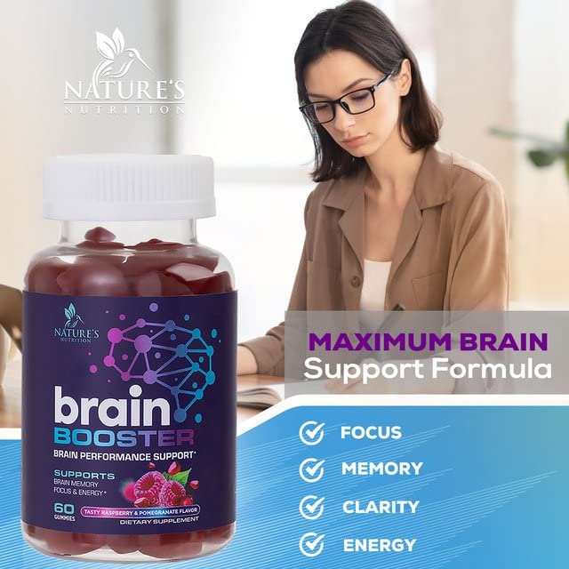 Nature's Nutrition Brain Supplement Gummy for Memory, Focus & Concentration Support Gummies Plus Nootropics, Phosphatidylserine & Vitamins B6 & B12 - Caffeine Free Nootropic Brain Health - 60 Gummies