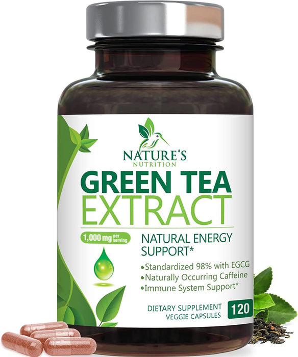 Green Tea Extract Capsules 1000mg 98% Standardized EGCG - 3X Strength for Natural Energy - Heart Support with Polyphenols - Gentle Caffeine