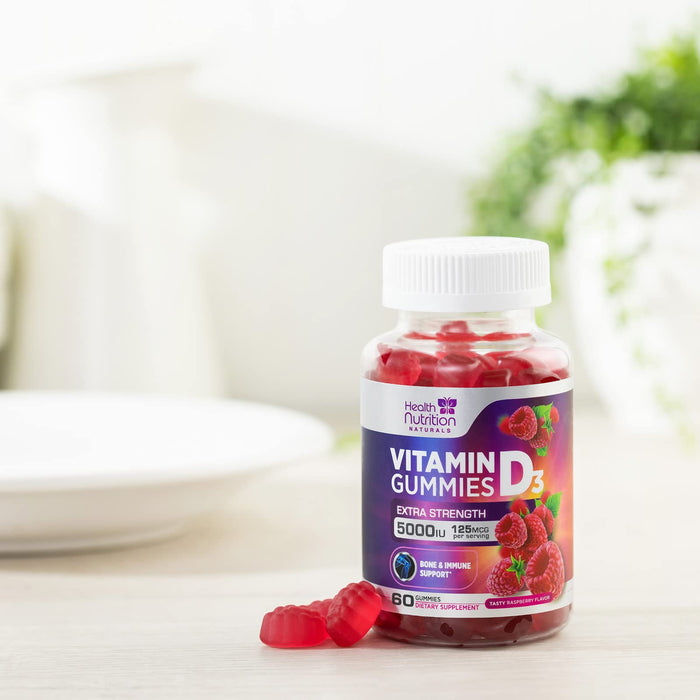 Vitamin D3 Gummy Extra Strength 5000 IU (125 mcg) High Potency Dietary Supplement for Bone, Teeth, Muscle & Immune Health Support, Nature's Vitamin D Supplement, Non-GMO