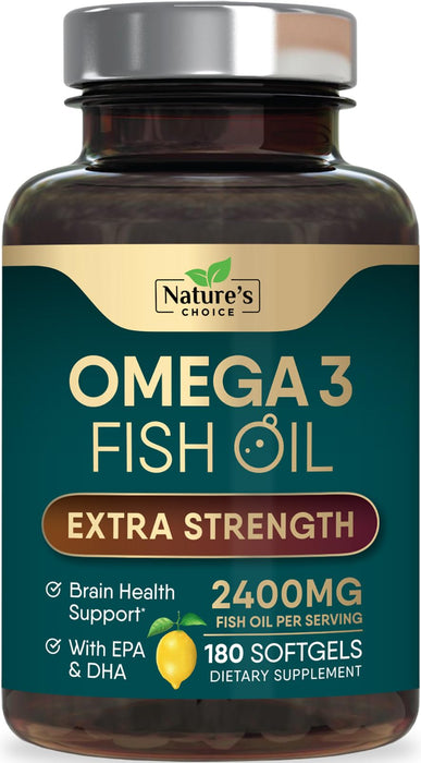 Triple Strength Omega 3 Fish Oil 2400 mg Softgels, Nature's Fish Oil Supplements, Brain & Heart Health Support - EPA & DHA, 1200 MG Fish Oil in Each Softgel, Omega-3 Supplement Softgels