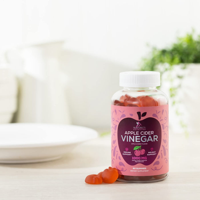 Nature's Nutrition - Vegan Apple Cider Vinegar Gummies 1000mg for Detox Cleanse - Natural Digestion & Immune Health Support, Vitamins B12, Folic Acid, ACV Gummy Supplement