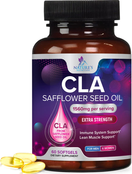 Conjugated Linoleic Acid CLA 1560mg - Extra Strength CLA Supplement Pills - Improve Body Composition & Lean Muscle Tone, Metabolism & Energy - Nature's Safflower Capsules, Non-GMO