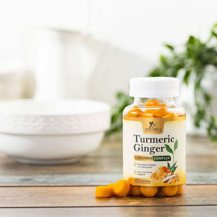 Turmeric Curcumin & Ginger Gummies 95% Curcuminoids with Black Pepper Extract for Max Absorption Joint Support, Nature's Tumeric Herbal Extract Supplement, Vegan Gummy Capsules, Non-GMO