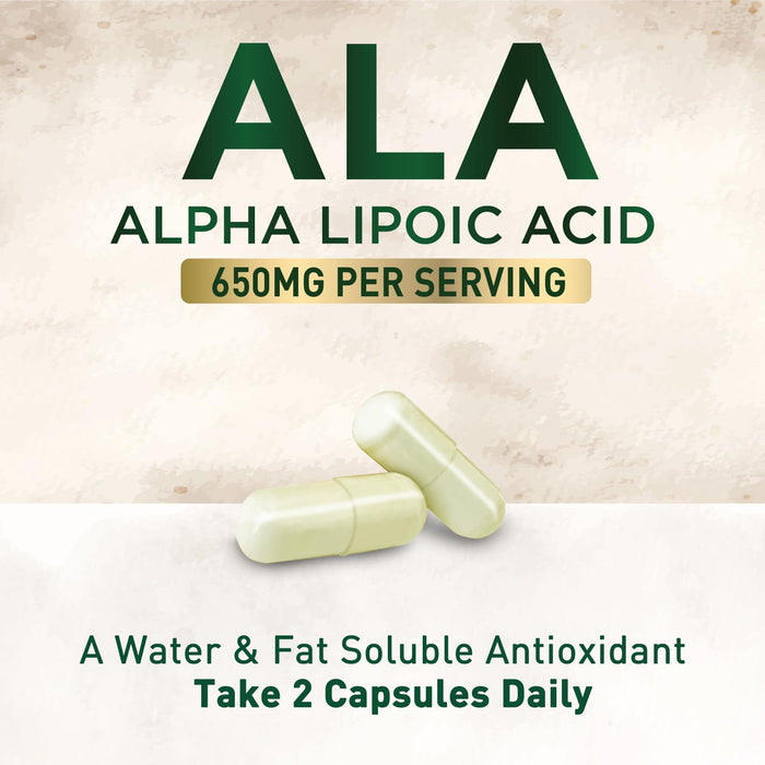 Alpha Lipoic Acid 600mg Plus - Pure ALA Supplement Non-GMO & Gluten Free, Supports Cellular Energy & Antioxidant Health, Extra Strength Lipoic Acid 650mg, Brain & Heart Support - 60 Capsules