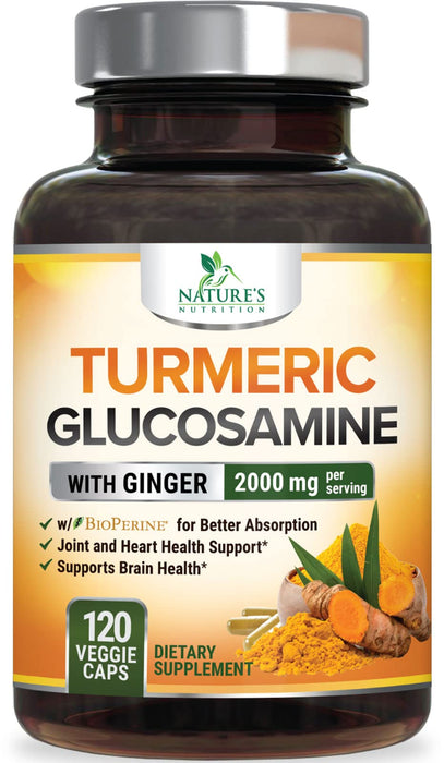 Turmeric Curcumin with BioPerine, Ginger & Glucosamine 95% Curcuminoids 2000mg Black Pepper for Max Absorption Joint Support, Nature's Tumeric Herbal Extract Supplement, Vegan, Non-GMO