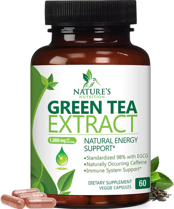 Green Tea Extract Capsules 1000mg 98% Standardized EGCG - 3X Strength for Natural Energy - Heart Support with Polyphenols - Gentle Caffeine