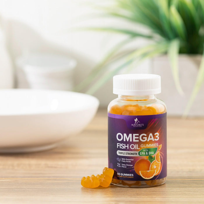 Omega 3 Fish Oil Gummies for Adults, Heart Healthy Omega 3 Supplement Gummies with DHA & EPA, Extra Strength Joint & Brain Support Omega3 Fish Oil Gummy Vitamin, Orange Flavor - 60 Fish Oil Gummies