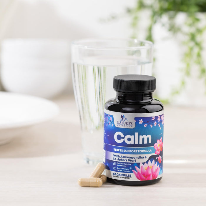 Nature's Nutrition Calm & Stress Support Supplement - with Magnesium, Ashwagandha, 5-HTP, L-Theanine, GABA - Natural Stress & Immune Support to Relax, Focus, Unwind - Vegan & Non-GMO