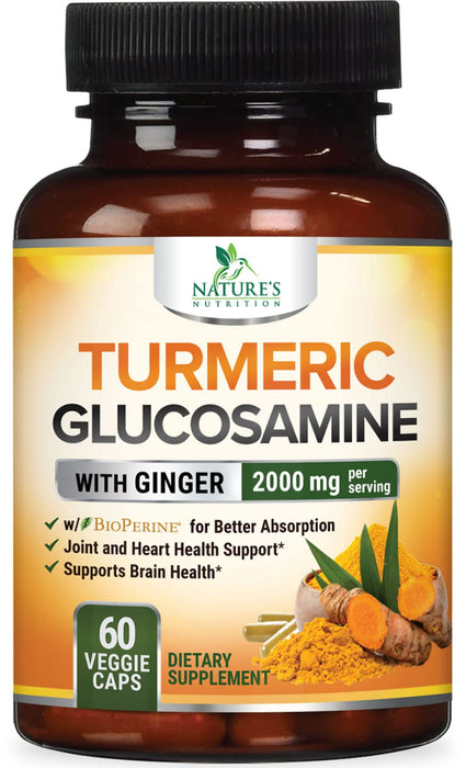 Turmeric Curcumin with BioPerine, Ginger & Glucosamine 95% Curcuminoids 2000mg Black Pepper for Max Absorption Joint Support, Nature's Tumeric Herbal Extract Supplement, Vegan, Non-GMO