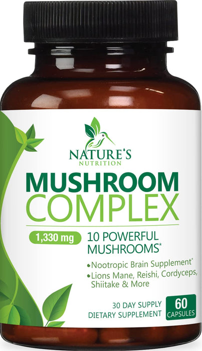 Mushroom Supplement - 10 Mushroom Complex Blend - Lions Mane, Reishi, Turkey Tail, Chaga, Cordyceps, Shiitake, Maitake - Nootropic Brain Supplement, Memory, Focus, Immune Health Support
