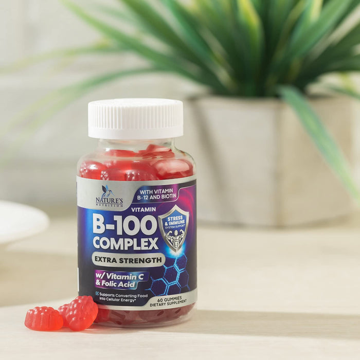 Nature's Nutrition - Nature’s Super B Complex Gummy with Vitamin C & Folic Acid, Extra Strength Vitamin B Supplement Complex with Niacin, B6, Folic Acid, B12, Biotin