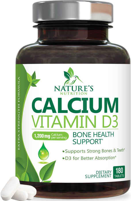 Calcium 1200 mg Plus Vitamin D3, Bone Health & Immune Support - Nature's Calcium Supplement with Extra Strength Vitamin D for Extra Strength Carbonate Absorption