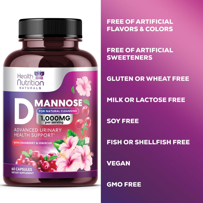 D-Mannose & Cranberry Extract 1350mg, Fast-Acting to Support Natural Urinary Tract Health for Women & Men, Non-GMO & Vegan, Flush & Cleanse Impurities in Urinary Tract & Bladder