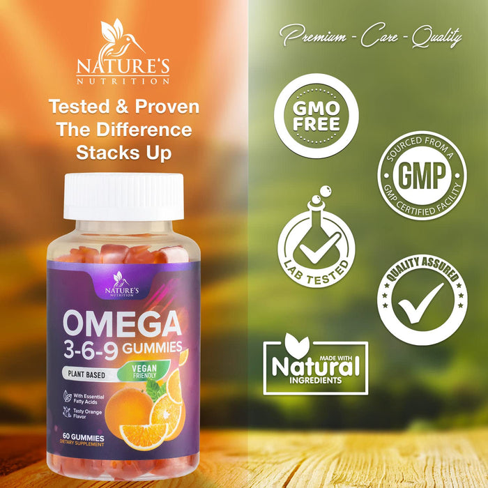 Omega 3 6 9 Vegan Gummies - Triple Strength Omega 3 Supplement Essential Oil Gummy - Supports Heart, Brain & Immune Health for Women, Men, Kids, & Pregnant Women, Non-GMO, Orange Flavor