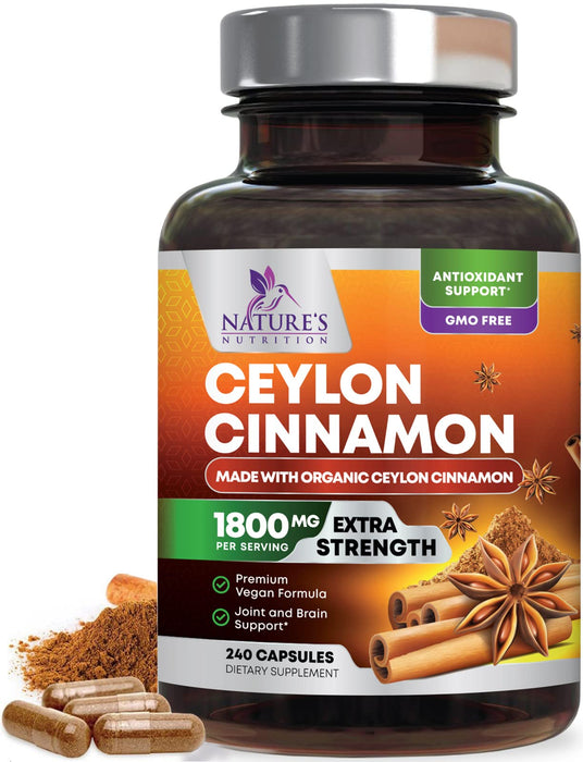 Pure Cinnamon Capsules, Certified Organic Ceylon Cinnamon Pills, Non-GMO, Gluten-Free, Dairy-Free, Sri Lanka Cinnamon Powder Supplement, Best Vegan True Cinnamomum Vitamins, Sugar Free