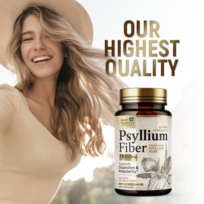 Fiber Supplement Psyllium Husk Caps 1500mg - Plant Based, High Absorption, Natural Soluble Fiber Supplements Non-GMO, Gluten Free Digestive Health & Intestinal Support, Psyllium Fiber - 180 Capsules