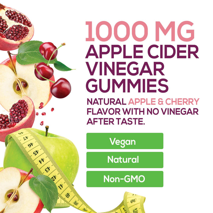 Nature's Nutrition - Vegan Apple Cider Vinegar Gummies 1000mg for Detox Cleanse - Natural Digestion & Immune Health Support, Vitamins B12, Folic Acid, ACV Gummy Supplement