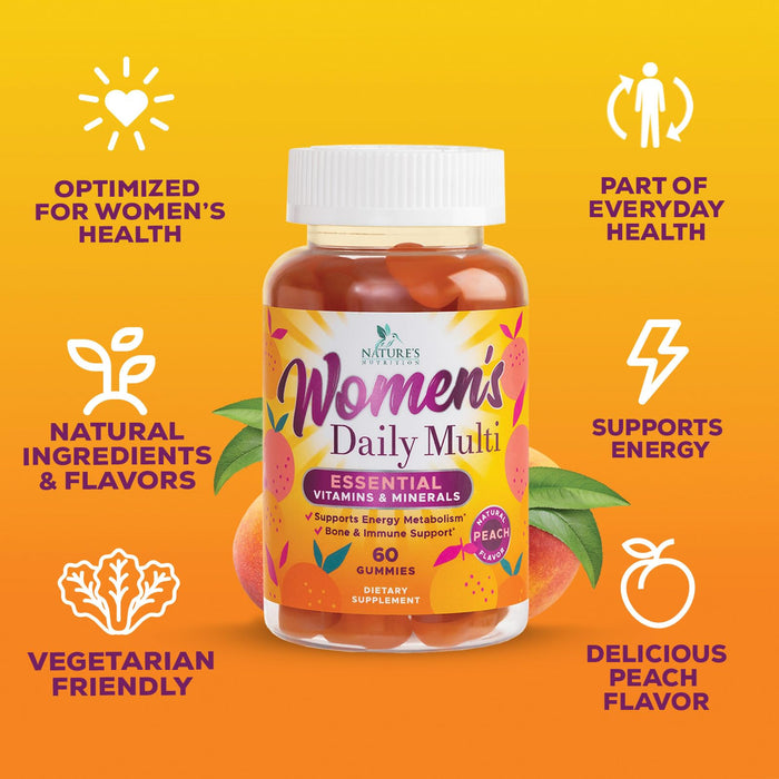 Womens Multivitamin Gummies, Daily Multi Vitamin Gummy for Women with Vitamins A, C, D, E, B-6, B-12, Biotin, Folic Acid, Calcium, & Zinc, Nature's Immune Health Support, Peach Flavored