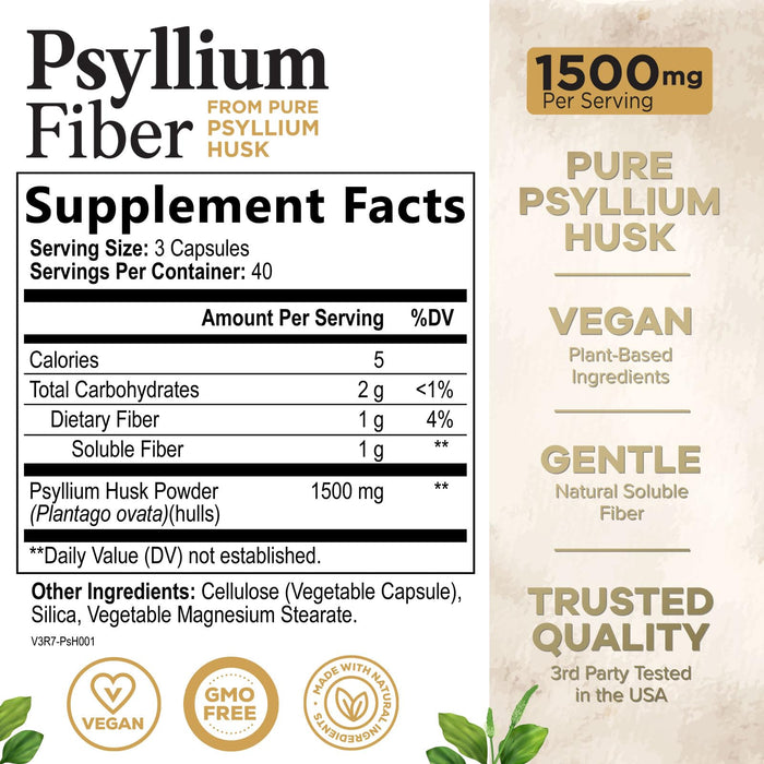Fiber Supplement Psyllium Husk Caps 1500mg - Plant Based, High Absorption, Natural Soluble Fiber Supplements Non-GMO, Gluten Free Digestive Health & Intestinal Support, Psyllium Fiber - 120 Capsules