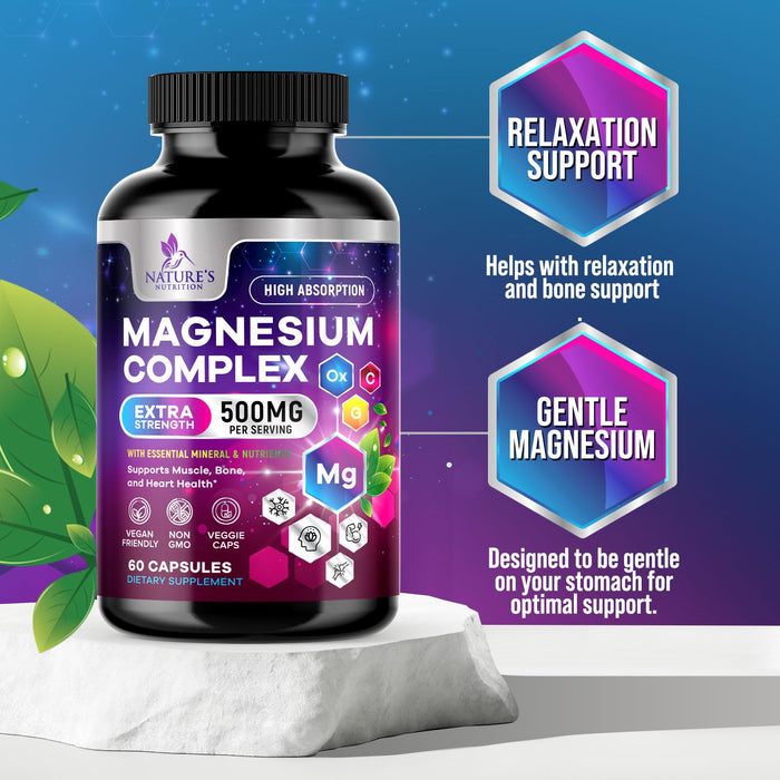 Magnesium Complex 500mg with Glycinate, Malate, Citrate, Oxide - High Absorption Chelated Magnesium Capsules - Dietary Supplement for Muscle, Heart, Bone Support