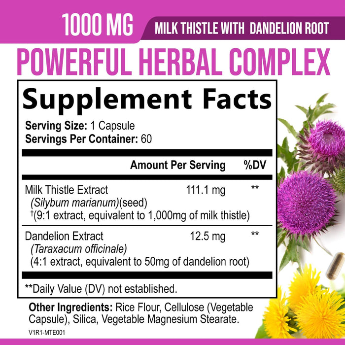 Milk Thistle Liver Cleanse Detox & Repair Formula 1000mg - Herbal Liver Supplement - Nature's Best Milk Thistle with Dandelion Root Extract & Silymarin Marianum, Supports Liver Health