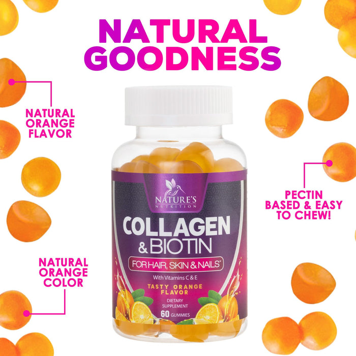Collagen & Biotin Hair Vitamin Gummies - Extra Strength for Healthy Hair, Skin & Nails Growth Support - Collagen Peptides Gummy Supplement with Vitamins C & E - Orange Flavored, Non-GMO
