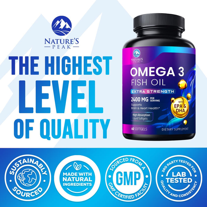Triple Strength Omega 3 Fish Oil 2400 mg Softgels, Nature's Fish Oil Supplements, Brain & Heart Health Support - EPA & DHA, 1200 MG Fish Oil in Each Softgel, Omega-3 Supplement Softgels