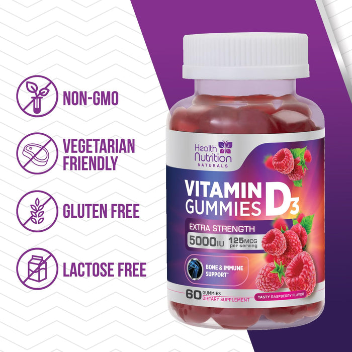 Vitamin D3 Gummy Extra Strength 5000 IU (125 mcg) High Potency Dietary Supplement for Bone, Teeth, Muscle & Immune Health Support, Nature's Vitamin D Supplement, Non-GMO