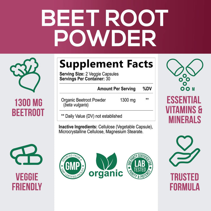 Beet Root Powder Capsules - Supports Athletic Performance, Digestive Health, Immune System - Nature's Beet Root Extract Supplement 1300mg per Serving - Vegan, Gluten Free, Non-GMO