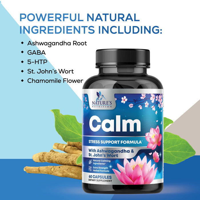 Nature's Nutrition Calm & Stress Support Supplement - with Magnesium, Ashwagandha, 5-HTP, L-Theanine, GABA - Natural Stress & Immune Support to Relax, Focus, Unwind - Vegan & Non-GMO
