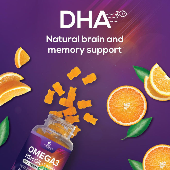 Omega 3 Fish Oil Gummies for Adults, Heart Healthy Omega 3 Supplement Gummies with DHA & EPA, Extra Strength Joint & Brain Support Omega3 Fish Oil Gummy Vitamin, Orange Flavor - 60 Fish Oil Gummies