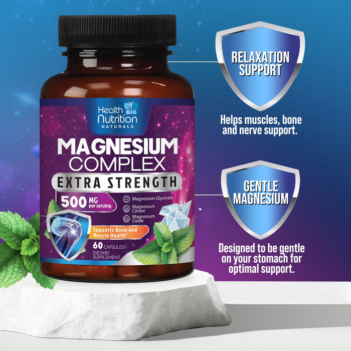 Magnesium Complex 500mg - Magnesium Supplement with Glycinate, Oxide, Malate, Citrate - High Absorption Chelated Magnesium Capsules for Muscle, Heart, Bone, Nerve Support, Non-GMO