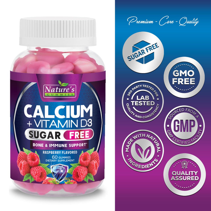 Sugar Free Calcium Gummy Bites Plus 400 IU Vitamin D3, Bone Health & Immune Support, Supports Bone Strength - Chewable Calcium Nutrition Supplement, Non-GMO, Berry Flavor Chews