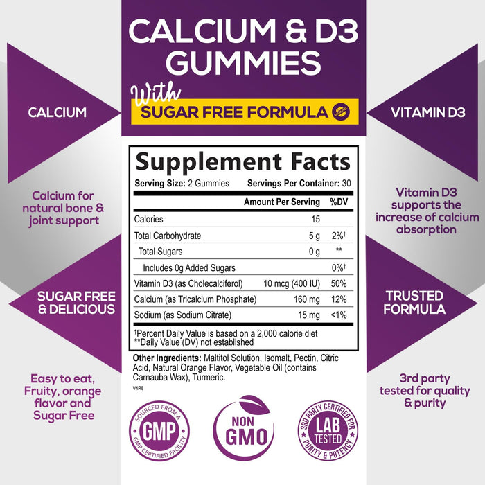 Sugar Free Calcium Gummy Bites Plus 400 IU Vitamin D3, Bone Health & Immune Support, Supports Bone Strength - Chewable Calcium Nutrition Supplement, Non-GMO, Berry Flavor Chews